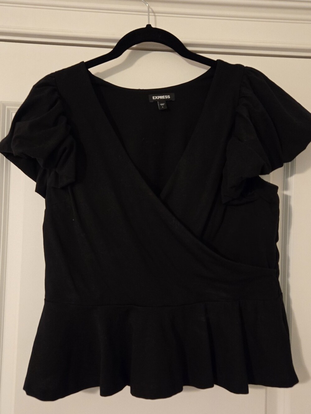 Express Black Puff-Sleeve Wrap Peplum Top
